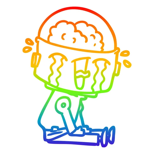 Regenbogen-Gradienten-Linie Zeichnung Cartoon weinender Roboter — Stockvektor