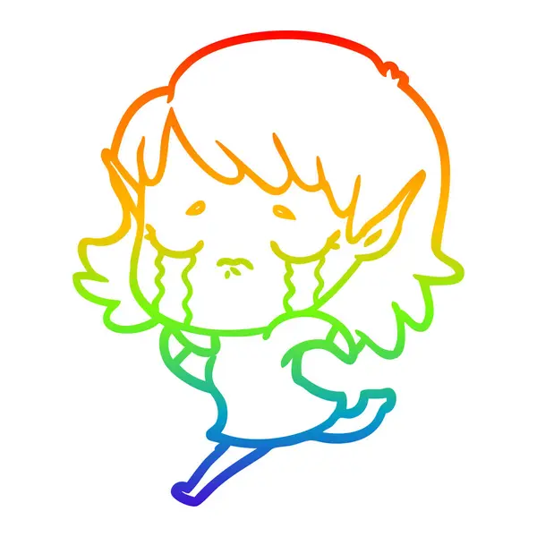 Arco iris gradiente línea dibujo dibujos animados llorando elfo chica — Vector de stock