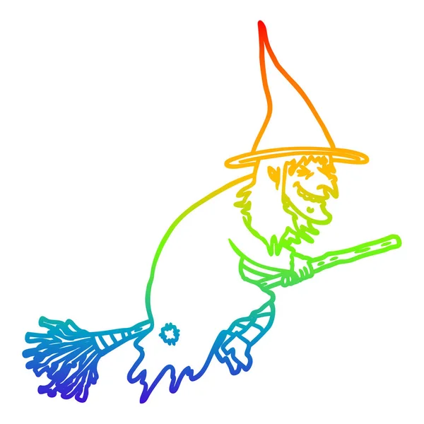 Linea gradiente arcobaleno disegno cartone animato strega su scopa — Vettoriale Stock
