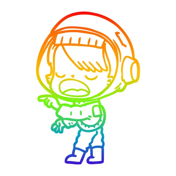 Regenbogengradienten Linie Zeichnung Cartoon Astronautin Frau zeigt ein — Stockvektor
