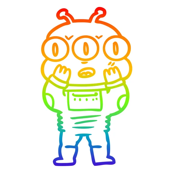 Rainbow gradient linje ritning förvånad Three Eyed Alien — Stock vektor
