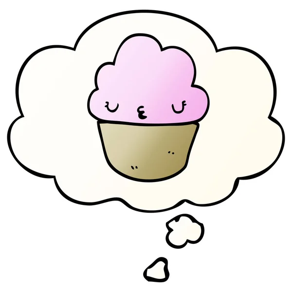 Cartoon cupcake with face and thought bubble in smooth gradient — Stock Vector