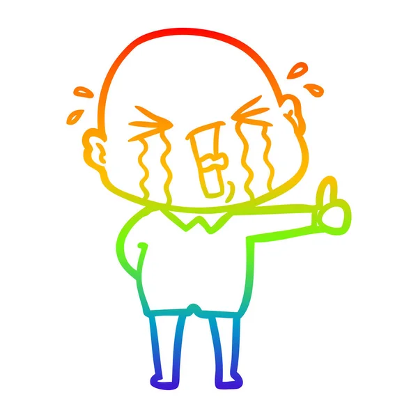 Regenbogen-Gradienten-Linie Zeichnung Karikatur weinender Mann mit Glatze — Stockvektor