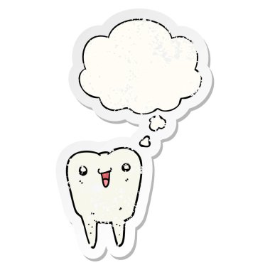 karikatür diş ve sıkıntılı yıpranmış etiket olarak kabarcık düşünce