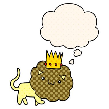 çizgi roman tarzında taç ve düşünce balonu ile karikatür aslan