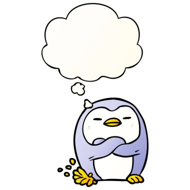 karikatür penguen dokunarak ayak ve pürüzsüz gradie içinde kabarcık düşünce