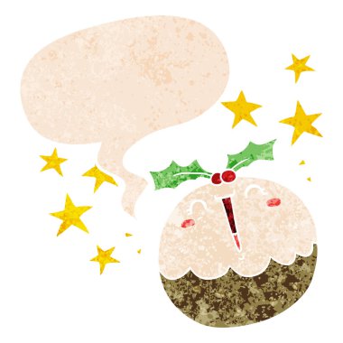 sevimli karikatür mutlu noel puding ve retro konuşma balonu 