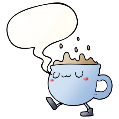 karikatür kahve fincanı yürüyüş ve konuşma balonu pürüzsüz degrade 