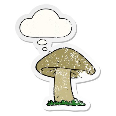 karikatür mantar ve sıkıntılı yıpranmış etiket olarak kabarcık düşünce