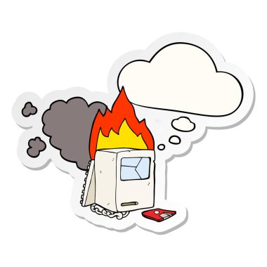 karikatür kırık bilgisayar ve basılı bir etiket olarak kabarcık düşünce