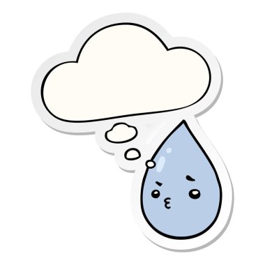 karikatür sevimli yağmur damlası ve baskılı bir etiket olarak kabarcık düşünce