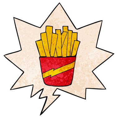 retro doku tarzında patates kızartması ve konuşma balonu karikatür kutusu