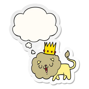 basılı bir etiket olarak taç ve düşünce balonu ile karikatür aslan