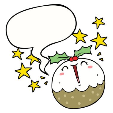 sevimli karikatür mutlu noel puding ve konuşma balonu