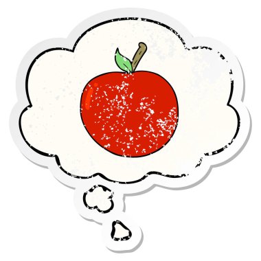 karikatür elma ve sıkıntılı yıpranmış etiket olarak kabarcık düşünce