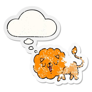 sevimli karikatür aslan ve sıkıntılı yıpranmış sticke olarak kabarcık düşündüm