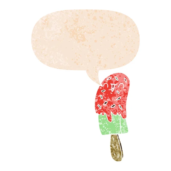 Cartoon Ice lolly och pratbubbla i retro texturerat stil — Stock vektor