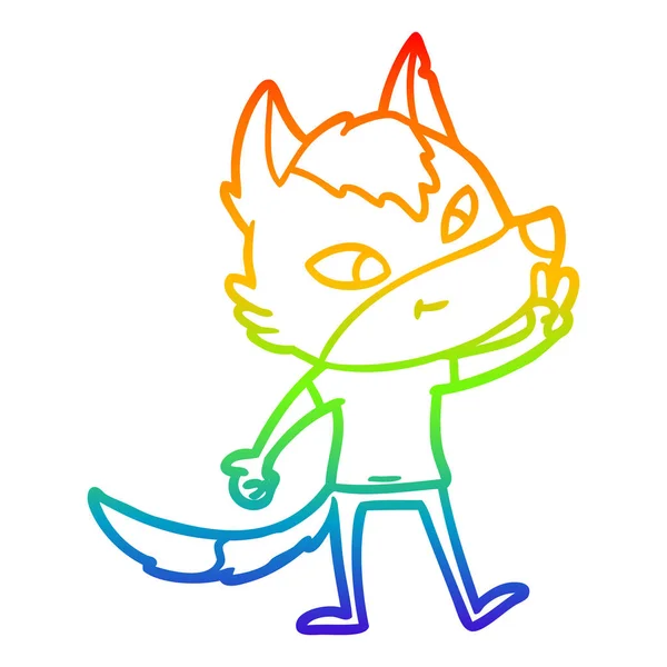 Rainbow gradient ligne dessin sympathique dessin animé loup donnant la paix — Image vectorielle