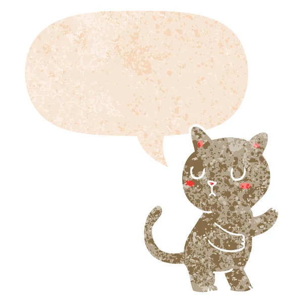 Retro dokulu tarzda karikatür kedi ve konuşma balonu — Stok Vektör