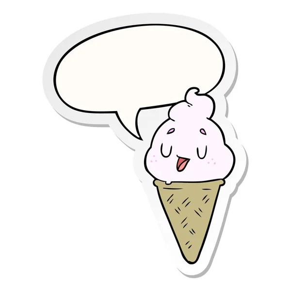 Bonito desenho animado sorvete e fala bolha adesivo — Vetor de Stock