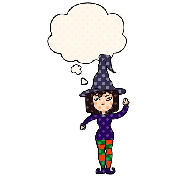 Cartoon witch and thought bubble in comic book style — Stock Vector