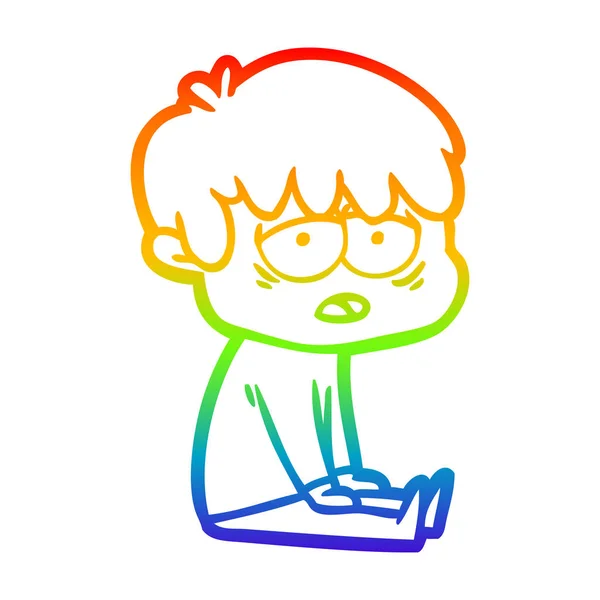 Rainbow gradient line drawing cartoon exhausted boy — Stock Vector