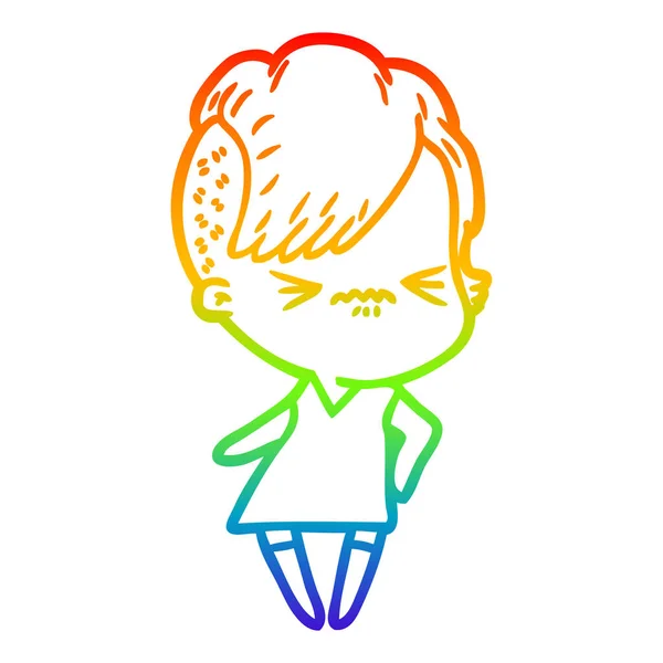 Regenbogen-Gradienten-Linie Zeichnung Karikatur genervt Hipster-Mädchen — Stockvektor