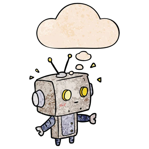 Robot de dibujos animados y burbuja de pensamiento en estilo de patrón de textura grunge — Vector de stock