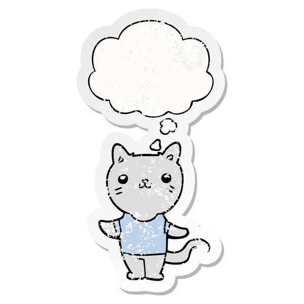 Desenho animado gato e pensamento bolha como um adesivo usado angustiado —  Vetores de Stock
