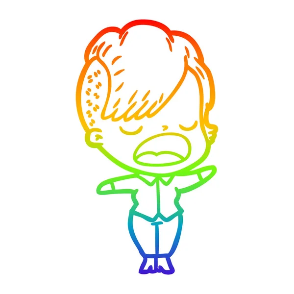 Rainbow gradient line drawing cartoon cool hipster girl talking — Stock Vector