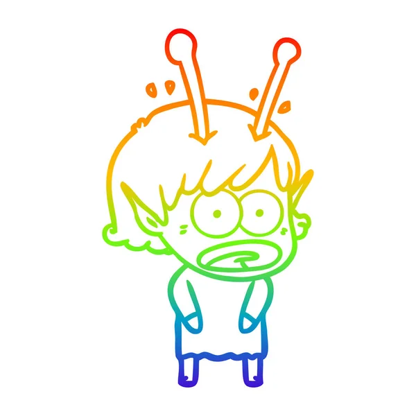 Arco-íris linha gradiente desenho cartoon chocado menina alienígena — Vetor de Stock