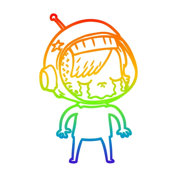 Regenbogen-Gradienten-Linie Zeichnung Karikatur weinendes Astronauten-Mädchen — Stockvektor