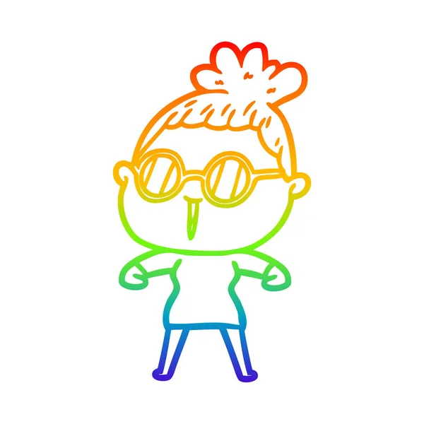 Rainbow gradient ligne dessin dessin animé femme portant des lunettes — Image vectorielle