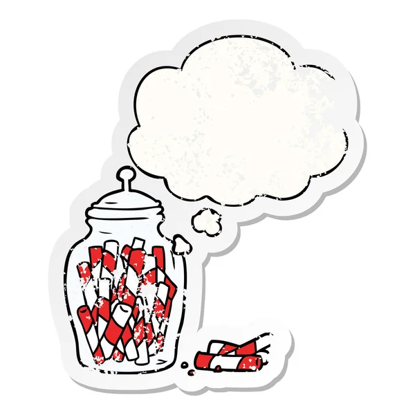 Sıkıntılı yıpranmış sti olarak şeker karikatür kavanoz ve düşünce balonu — Stok Vektör