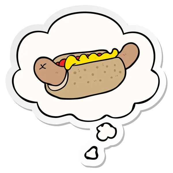 Kartun hot dog dan berpikir gelembung sebagai stiker cetak - Stok Vektor