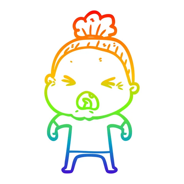 Rainbow gradient ligne dessin dessin animé colère vieille femme — Image vectorielle