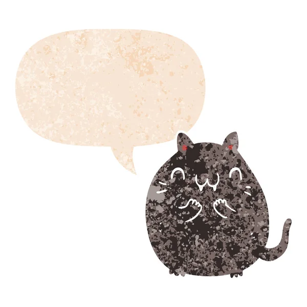 Heureux chat dessin animé et bulle de la parole dans un style texturé rétro — Image vectorielle