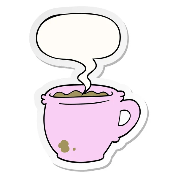 Tecknad varm kopp kaffe och pratbubbla klistermärke — Stock vektor
