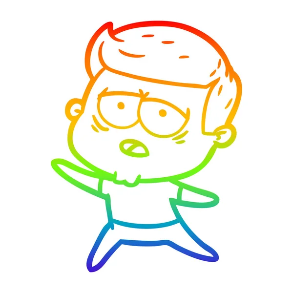 Rainbow gradient line drawing cartoon tired man — Stock Vector