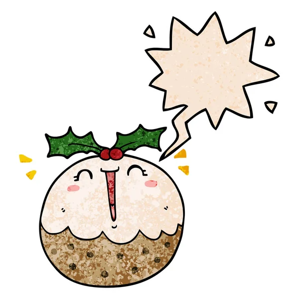 Mignon dessin animé pudding de Noël et bulle de la parole dans le textur rétro — Image vectorielle