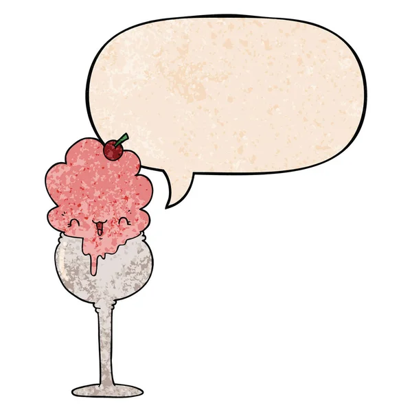 Lindo helado de dibujos animados desierto y burbuja del habla en textura retro — Vector de stock