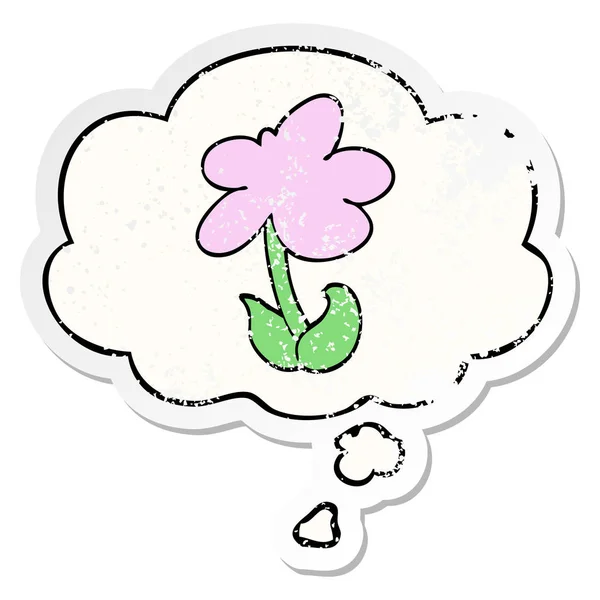 Cute cartoon flower and thought bubble as a distressed worn stic — Stock Vector