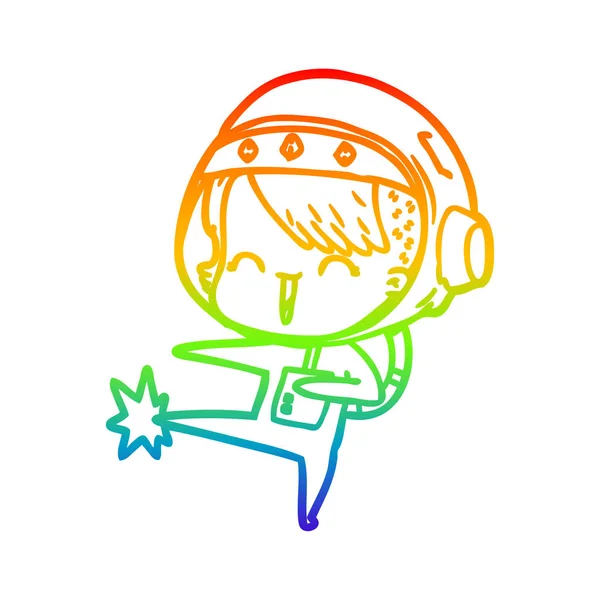 Arco-íris linha gradiente desenho feliz cartoon espaço menina chutando — Vetor de Stock