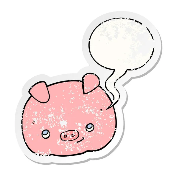 Cartoon happy pig and speech bubble distressed sticker — Stock Vector