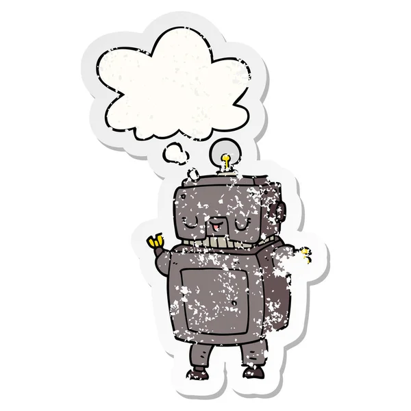 Cartoon robot en gedachte Bubble als een verdrietig versleten sticker — Stockvector