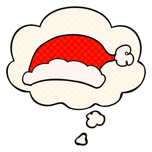 Sombrero de Navidad de dibujos animados y burbuja de pensamiento en estilo de cómic — Vector de stock