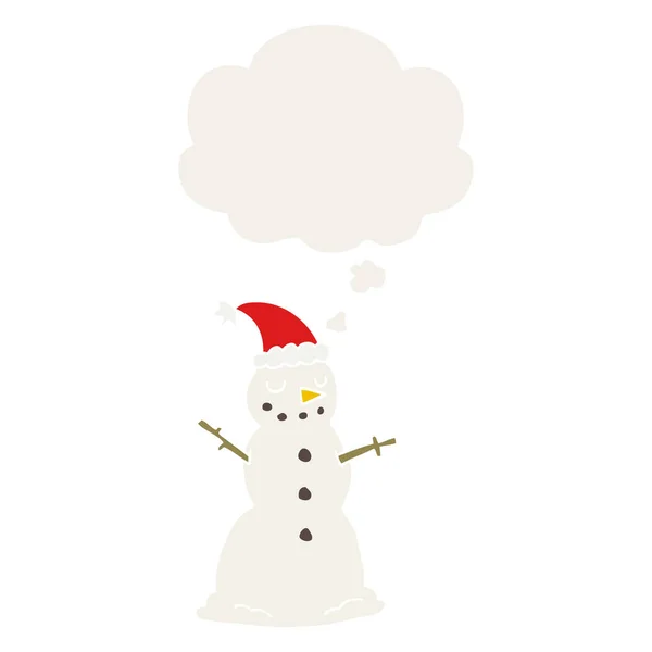 Cartoon christmas snowman and thought bubble in retro style — Stock Vector