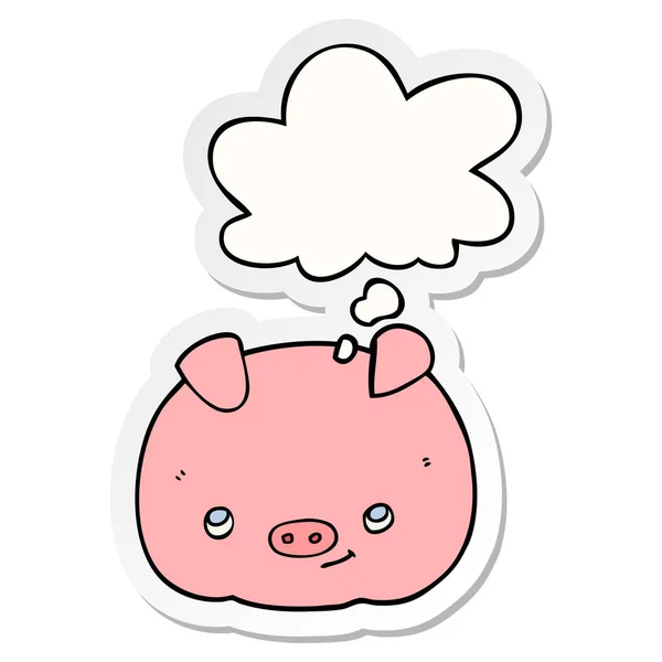 Dibujos animados cerdo feliz y burbuja de pensamiento como una pegatina impresa — Vector de stock