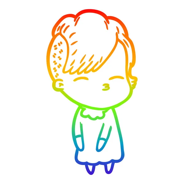 虹のグラデーションライン描画漫画目を細める女の子 — ストックベクタ
