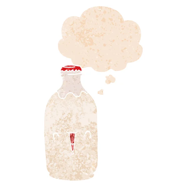 Linda botella de leche de dibujos animados y burbuja de pensamiento en st texturizado retro — Vector de stock